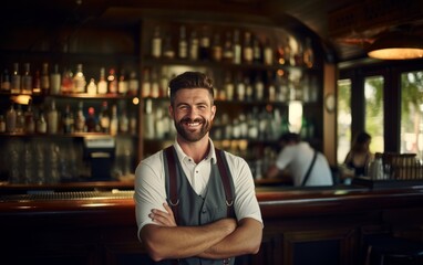 Obraz premium Smiling and happy bartender in front of the bar