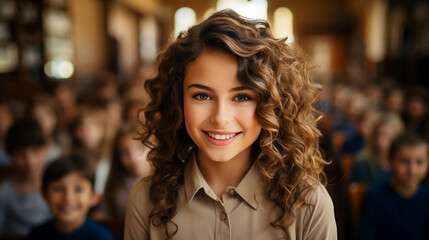 Pretty teacher is smiling on the children background. Generative AI