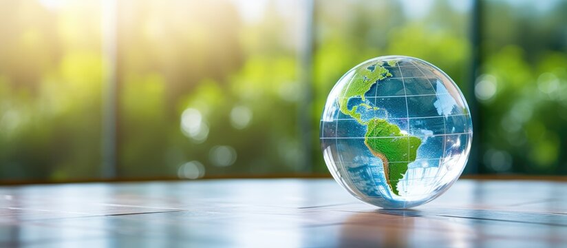 A close-up image of a glass globe placed on a table, with a copy space background for adding text. The picture relates to global network business technology, environment day, and world health day