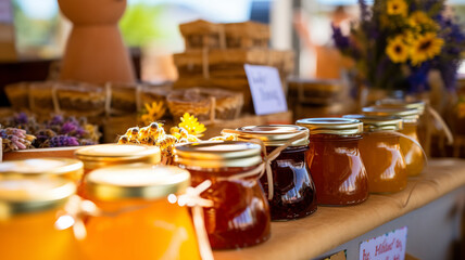Bee natural organic honey sunny jars with local food grocery market banner copy space. Yellow chamomile floral fruit goods products.