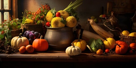 Fototapeta na wymiar Autumn harvest. Autumn festival. Autumn vegetables and flowers. Harvest and garden decoration. Autumn fruits and pumpkins with fallen leaves on rustic background.