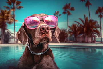 dog in sunglasses on holiday at the pool
