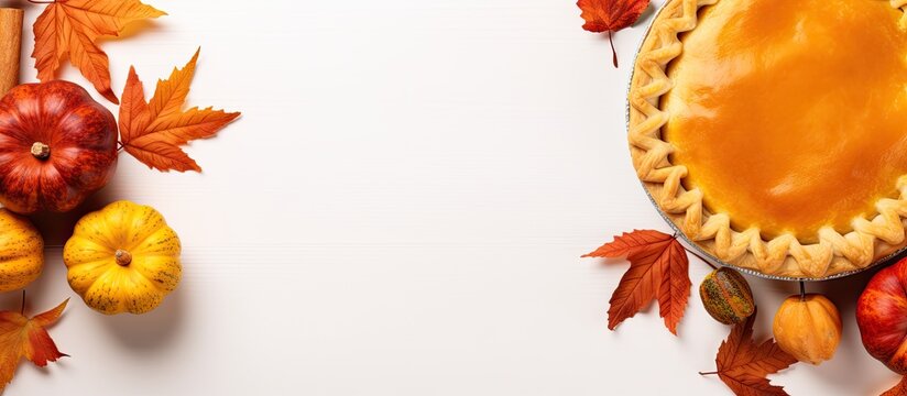 A top view image of Thanksgiving pumpkin and apple pies on a white background, with empty space for text. These pies are traditional homemade desserts for the autumn holiday.