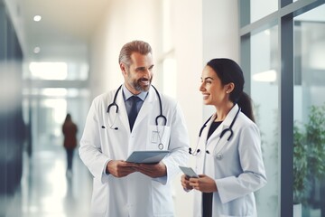 Fototapeta premium Group of medical staff doctor having discussion in hospital. Health workers discussing in the hospital