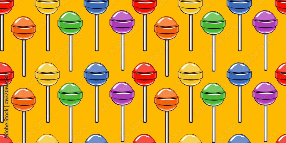 Poster lollipop in all colors of the rainbow in a repeating pattern. vector for print, interior, wallpaper.
