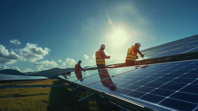An engineering team working on checking and maintenance in solar power plant
