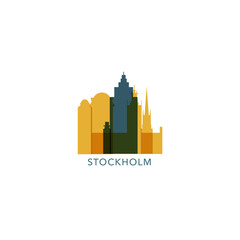 Sweden Stockholm cityscape skyline capital city panorama vector flat modern logo icon. Nordic Europe Scandinavia region emblem idea with landmarks and building silhouettes