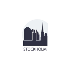 Sweden Stockholm cityscape skyline capital city panorama vector flat modern logo icon. Nordic Europe Scandinavia region emblem idea with landmarks and building silhouettes at sunrise sunset