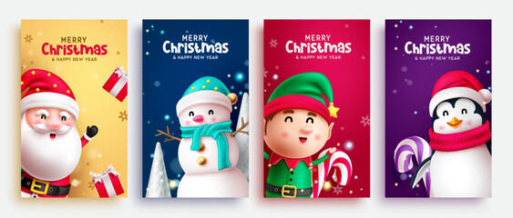 Merry christmas text vector poster set design. Christmas and happy new year greeting card lay out collection for holiday season background. Vector illustration xmas characters for seasonal postcard.