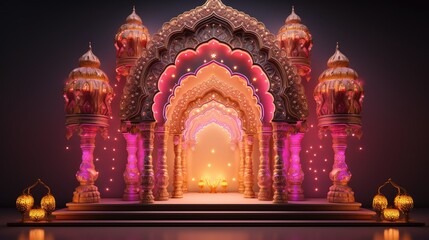 grand and ornate entrance adorned with colorful lights for Diwali festivities