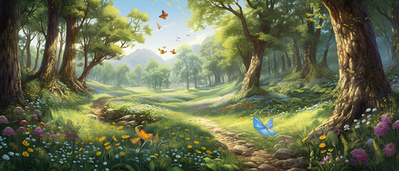 Summer forest glade with flowering grass and butterflies - obrazy, fototapety, plakaty