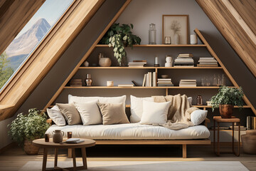 Rustic sofa against shelving unit with books, scandinavian home interior design of modern living room in attic with skylights. - obrazy, fototapety, plakaty