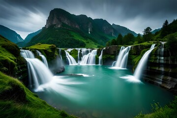 Fototapeta premium A beautiful majestic waterfall cascading down a lush green mountainside beautiful background, wallpaper and landscpae in ultra Hd Quality 