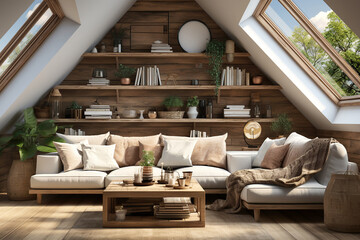 Corner sofa and rustic coffee table against wood lining wall with book shelves, scandinavian home interior design of modern living room in attic.