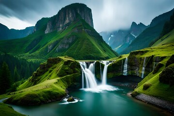 A beautiful majestic waterfall cascading down a lush green mountainside beautiful background, wallpaper and landscpae in ultra Hd Quality 