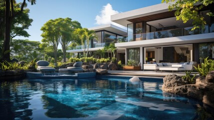 Fototapeta na wymiar Exterior building white modern house villa and swimming pool.beautiful summer landscape with blue sky background. Generative Ai