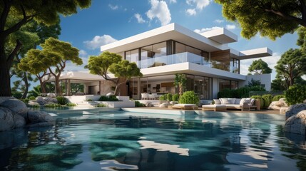 Fototapeta premium Exterior white modern villa and swimming pool on the beach and sea view.beautiful summer landscape with blue sky background. Generative Ai