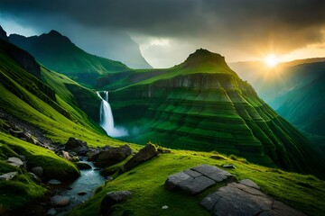 A beautiful majestic waterfall cascading down a lush green mountainside beautiful background, wallpaper and landscpae in ultra Hd Quality 