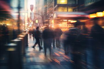 City life, rush hour, evening bustle. Defocus people and cars, motion blur
