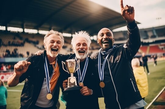 old man winning champion medal in stadium for sport, victory celebration with team of athletes award for achievement in sport competition with smile