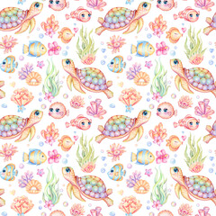 Cute sea animals seamless pattern. Watercolor underwater life of a sea turtle and colorful fish. Ideal for children's wallpaper, baby wrapping, kids fabric and children's clothing. - 632063085