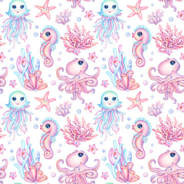 Cute sea animals seamless pattern. Watercolor underwater world with octopus jellyfish seahorse starfish in pastel pink and blue. Idea for nursery wallpaper, kids wrapping, fabric and baby clothes