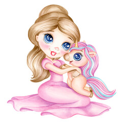 Beautiful cute little princess girl hugs baby unicorn. Hand drawn watercolor illustration in cartoon style - 632063213