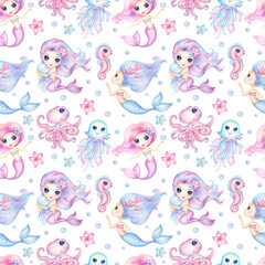 Cute little Mermaids and Friends seamless pattern. Watercolor Cute Mermaid and Sea animals octopus, jellyfish, seahorse for nursery wallpaper, fabric print, kids textile, baby girl fashion clothes - 632063214