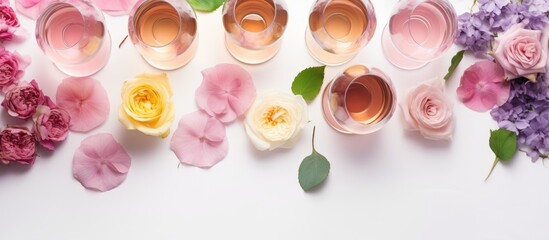 Obraz na płótnie Canvas A variety of different shades of rose wine are arranged in glasses on a white background, along with a spring blossom flower. This top-view flat-lay image is ideal for wine shops, bars, tastings,
