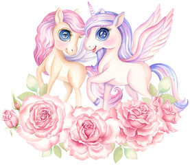 Two magical unicorns with wings in rose flowers. Watercolor illustration of couple magical horse unicorn in cartoon style