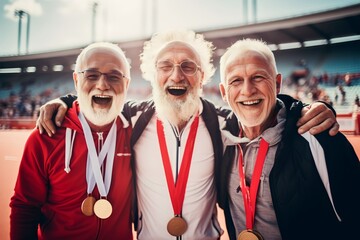 old man winning champion medal in stadium for sport, victory celebration with team of athletes award for achievement in sport competition with smile
