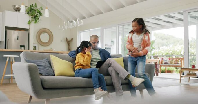 Tablet, father and kids running to sofa in home, living room or bonding together. Technology, children and dad on couch in lounge with energy for streaming film, online video or social media to relax