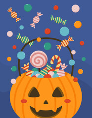 Halloween pumpkin bucket with confetti candy. Halloween pumpkin surrounded by toffy. Trick or Treat. Flat design.