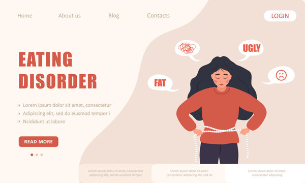 Eating disorder landing page template. Depressed woman measuring her waist with measuring tape. Food addiction. Bulimia or anorexia concept. Vector illustration in flat cartoon style.
