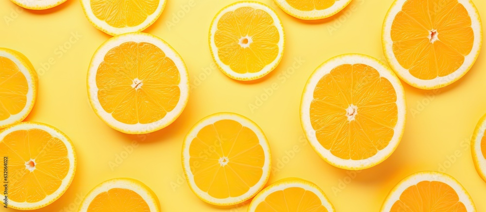 Poster creative summer concept with a fruit pattern of fresh orange slices on a yellow background. The top view provides a minimal flat lay style with half of a citrus fruit in the center. The design is