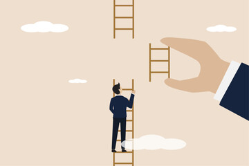 Business support to reach career target or help to climb ladder of success concept, businessman climbing to top of broken ladder with big helping hand to connect higher ladder.