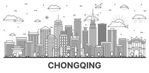 Obraz premium Outline Chongqing China City Skyline with Modern and Historic Buildings Isolated on White.