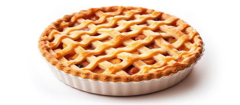An American Thanksgiving lattice pie is depicted on a white background. The fruit tart is homemade with a golden crust. is a close-up and empty space for text.