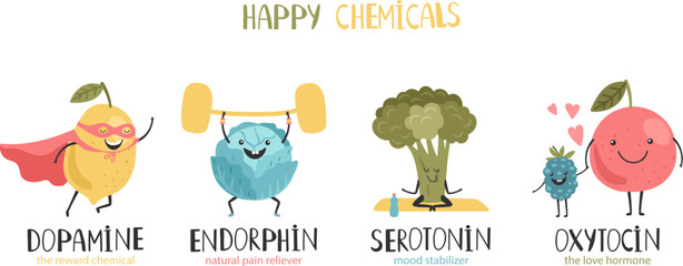 Oxytocin, serotonin, endorphin, dopamine. Hormones colorful vector illustration. Mood stabilizer, love hormone, reward chemical, pain reliever. Hormone health icon - obrazy, fototapety, plakaty