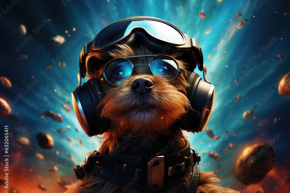 Poster Baby dog wearing VR headset, surreal galaxy cosmic and colorful background. Generative AI