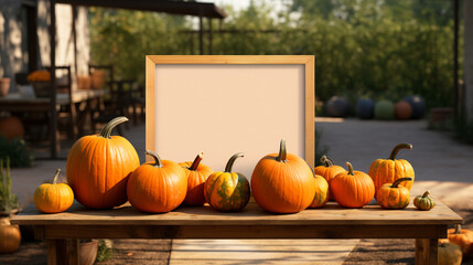 Artistic depiction of a vacant wooden table set against the backdrop of a bountiful autumn pumpkin harvest. An outdoor mockup designed for showcasing products and creative designs Generative AI