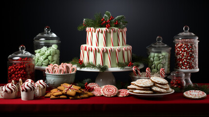 Holiday Treats and Confections for Christmas, Featuring Peppermint Stick and Gingerbread Person - Evergreen Bough - Seasonal Bunting, Top Section, Providing Room for Tex Generative AI