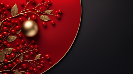 Design for a Christmas Greeting Card or Holiday Banner; Gilded Christmas Tree Ornament on a Background of Vibrant Red; Ample Space for Text. Generative AI