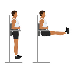 Man doing hanging leg raises side view. Abdominals exercise. Flat vector illustration isolated on white background