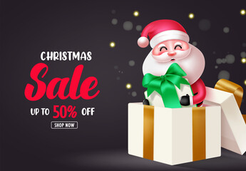 Christmas sale vector banner design. Christmas santa claus character in gift boxes elements for shopping discount promo offer design. Vector illustration holiday season flyers and vouchers background.