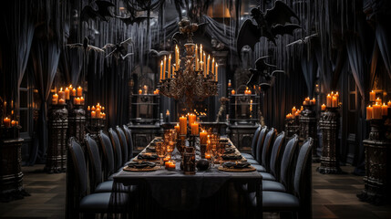 Eerie Elegance: A grand, candle-lit chandelier draped in cobwebs and adorned with shimmering black bats, casting a hauntingly beautiful glow over a Gothic-themed Halloween dinner. Generative AI