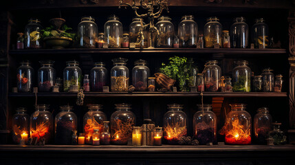 Witch's Apothecary: A mesmerizing display of potion-filled glass jars and mystical ingredients, complete with floating spell books and flickering candles, creating an aura of magic Generative AI