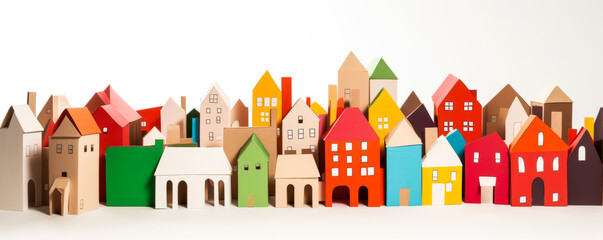 Lovely array of colorful, unique cardboard houses arranged playfully, creating a vibrant neighborhood setting on a white background. Generative AI