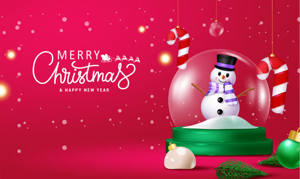 Merry christmas text vector design. Christmas snow man character in crystal globe glass ball elements for xmas decoration. Vector illustration holiday season greeting card.
