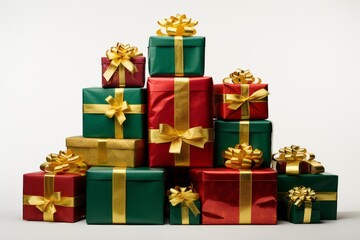 Group of oversized gift boxes in Christmas colors - green, red, golden